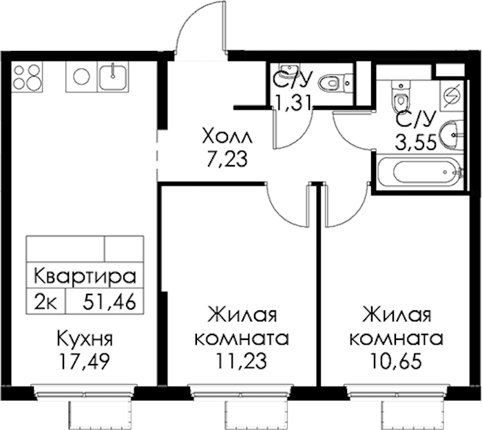 2-комнатная квартира 51.46 м², 12/15 эт., ЖК «Янинский лес»
